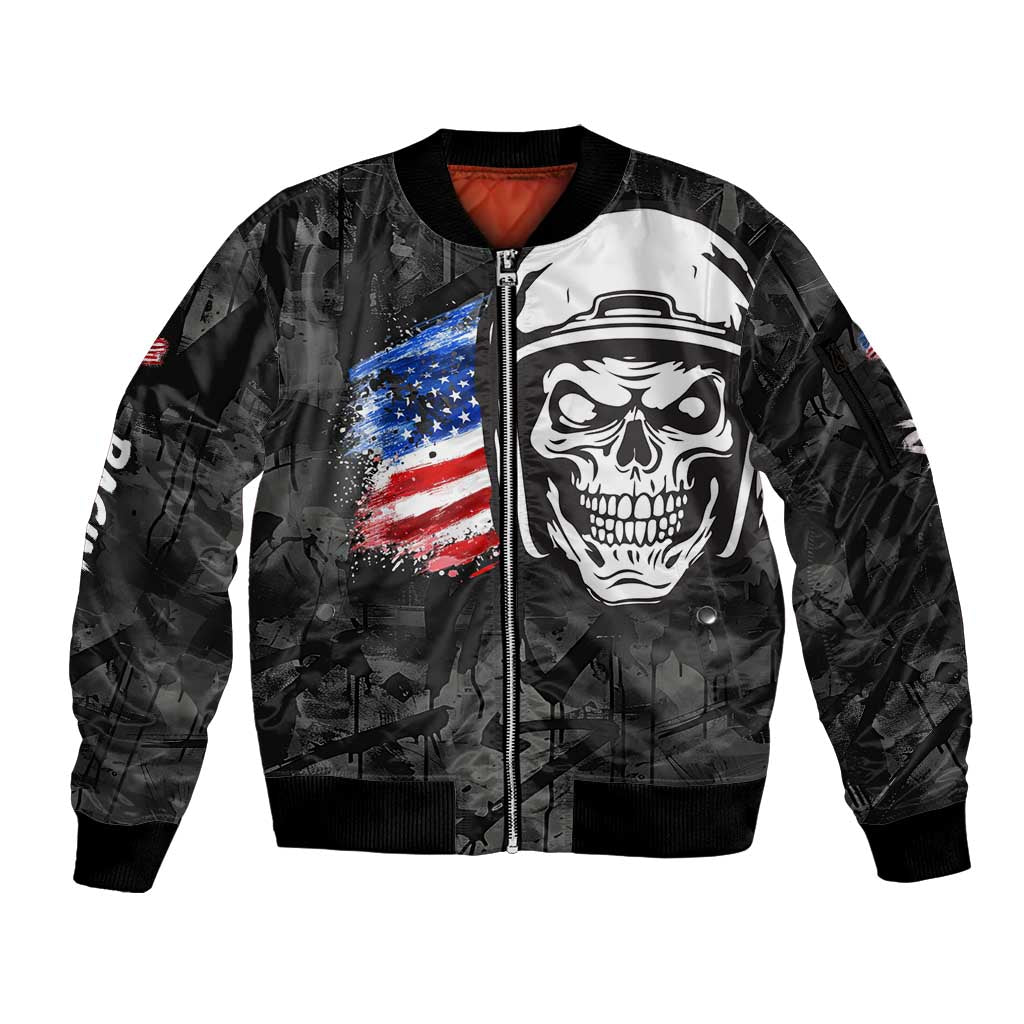 Custom American Flag Skull Motocross Sleeve Zip Bomber Jacket - Wonder Print Shop