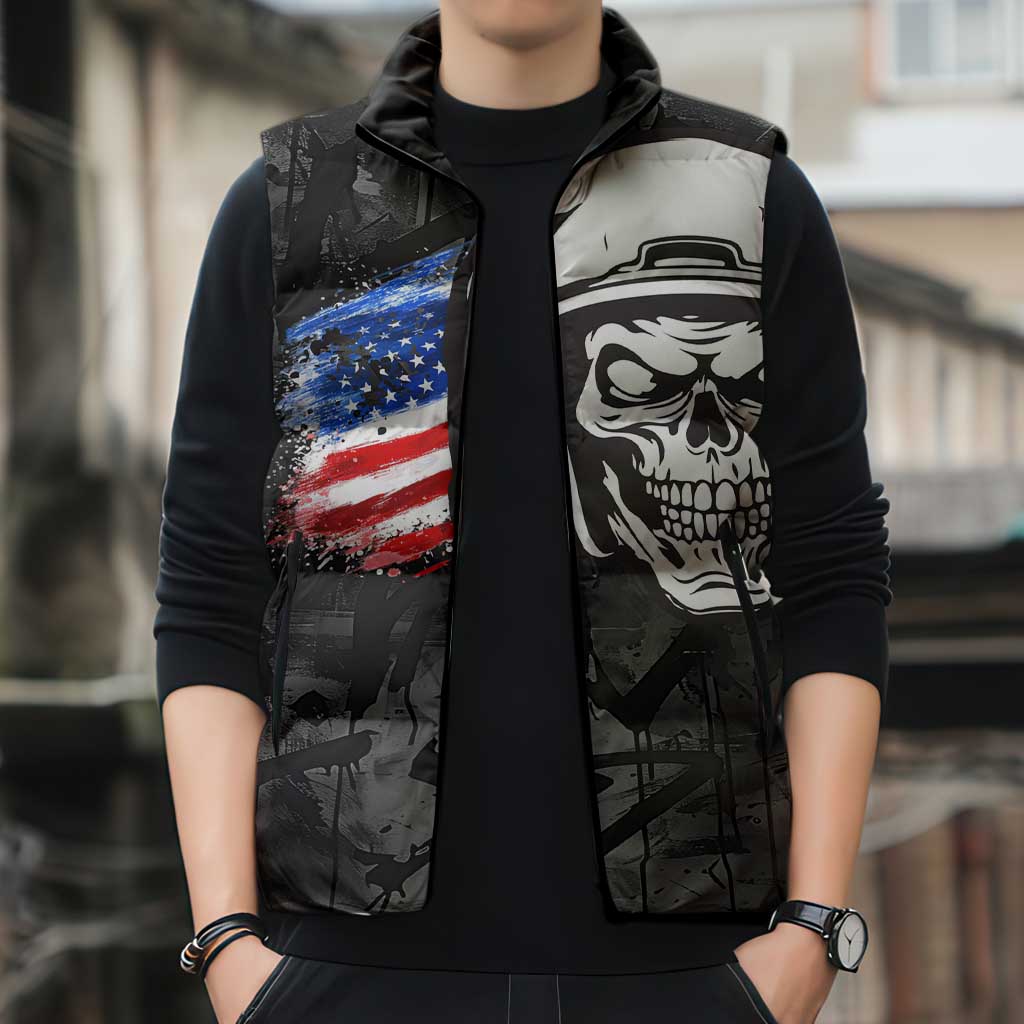 Custom American Flag Skull Motocross Sleeveless Puffer Jacket - Wonder Print Shop