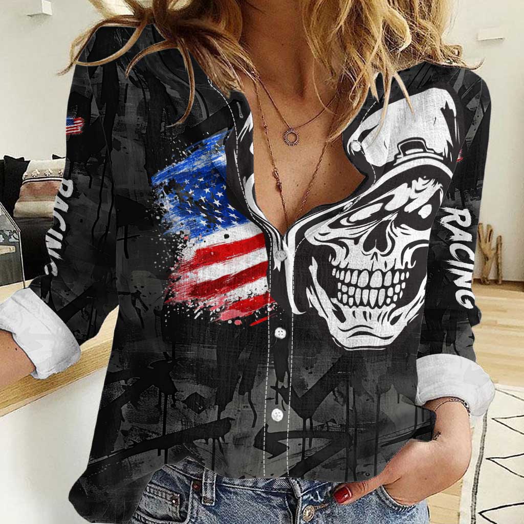 Custom American Flag Skull Motocross Women Casual Shirt - Wonder Print Shop