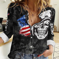 Custom American Flag Skull Motocross Women Casual Shirt - Wonder Print Shop
