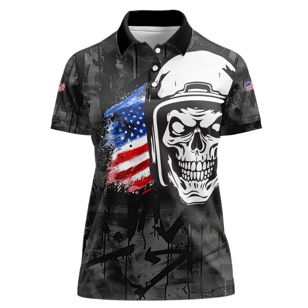 Custom American Flag Skull Motocross Women Polo Shirt - Wonder Print Shop