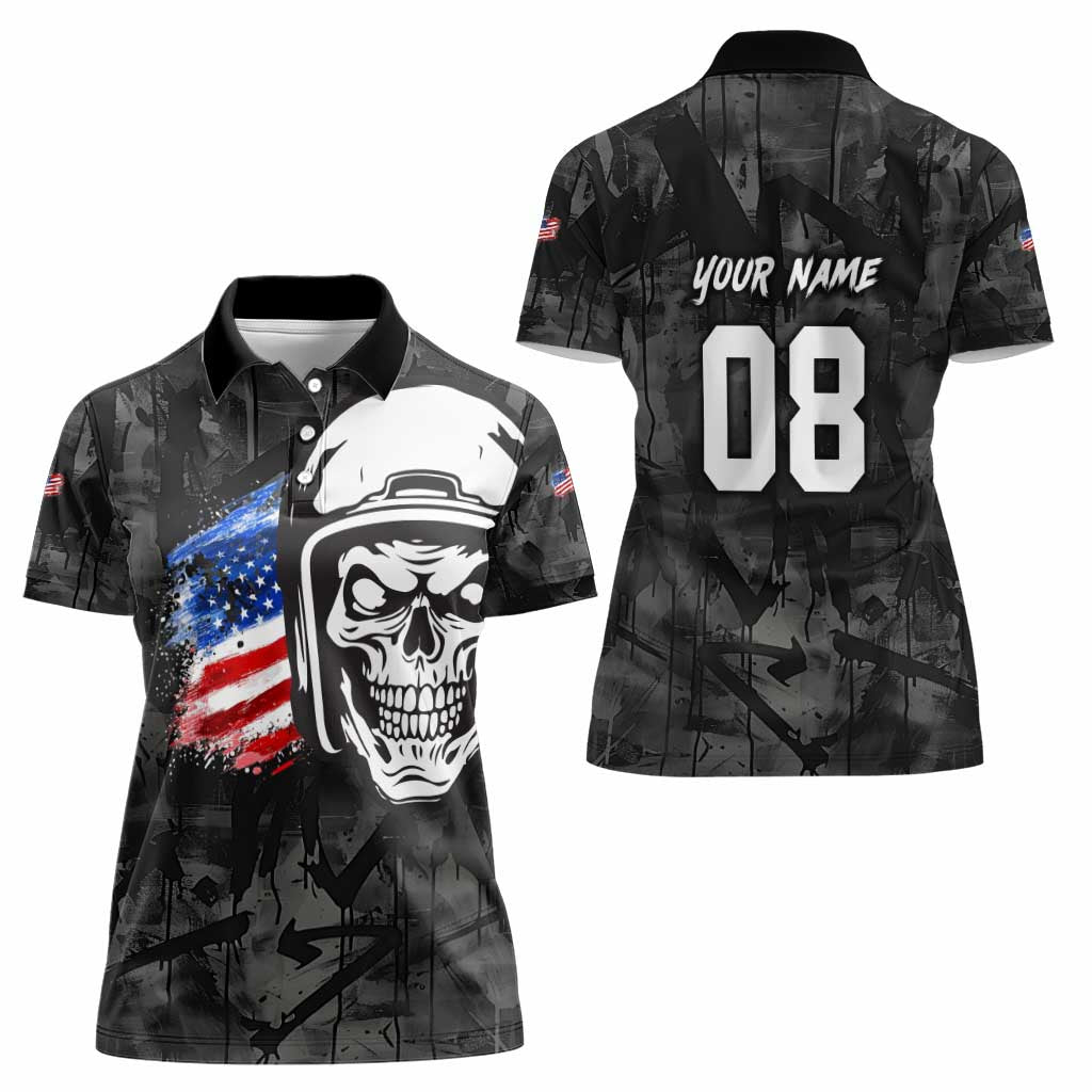 Custom American Flag Skull Motocross Women Polo Shirt - Wonder Print Shop