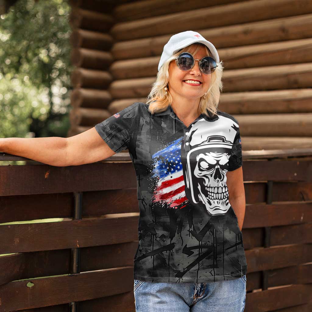 Custom American Flag Skull Motocross Women Polo Shirt - Wonder Print Shop