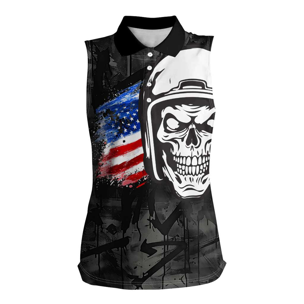 Custom American Flag Skull Motocross Women Sleeveless Polo Shirt - Wonder Print Shop