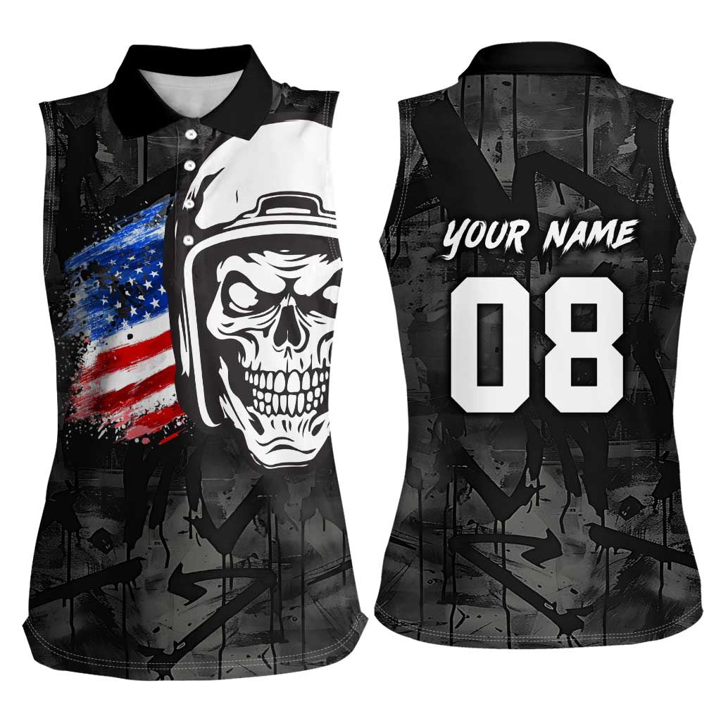 Custom American Flag Skull Motocross Women Sleeveless Polo Shirt - Wonder Print Shop