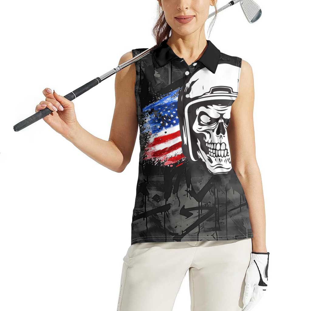 Custom American Flag Skull Motocross Women Sleeveless Polo Shirt - Wonder Print Shop