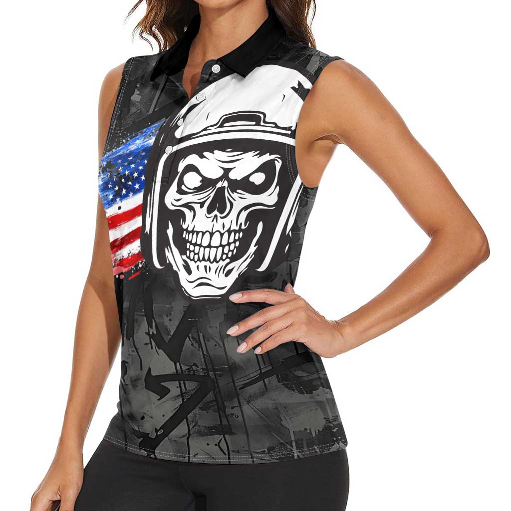 Custom American Flag Skull Motocross Women Sleeveless Polo Shirt - Wonder Print Shop