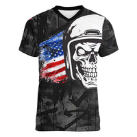 Custom American Flag Skull Motocross Women V-Neck T-Shirt - Wonder Print Shop
