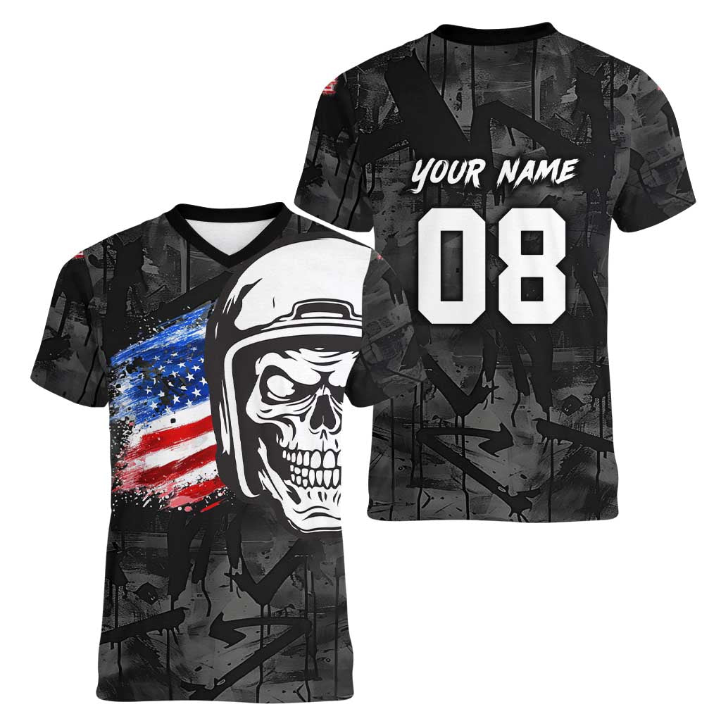 Custom American Flag Skull Motocross Women V-Neck T-Shirt - Wonder Print Shop