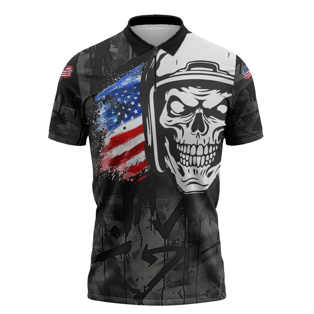 Custom American Flag Skull Motocross Zipper Polo Shirt - Wonder Print Shop
