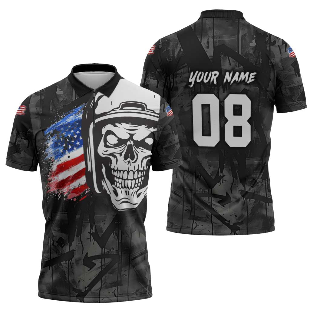 Custom American Flag Skull Motocross Zipper Polo Shirt - Wonder Print Shop
