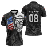 Custom American Flag Skull Motocross Zipper Polo Shirt - Wonder Print Shop