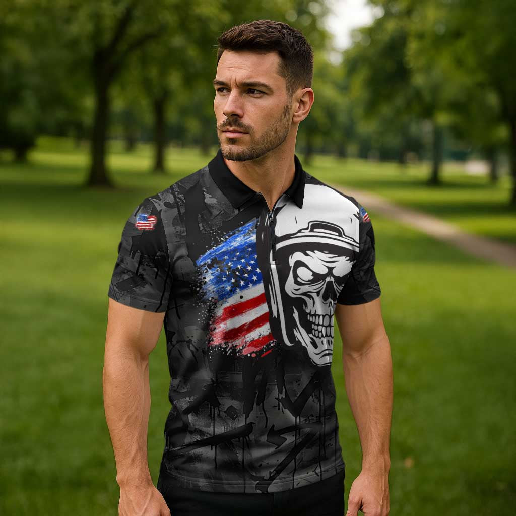 Custom American Flag Skull Motocross Zipper Polo Shirt - Wonder Print Shop