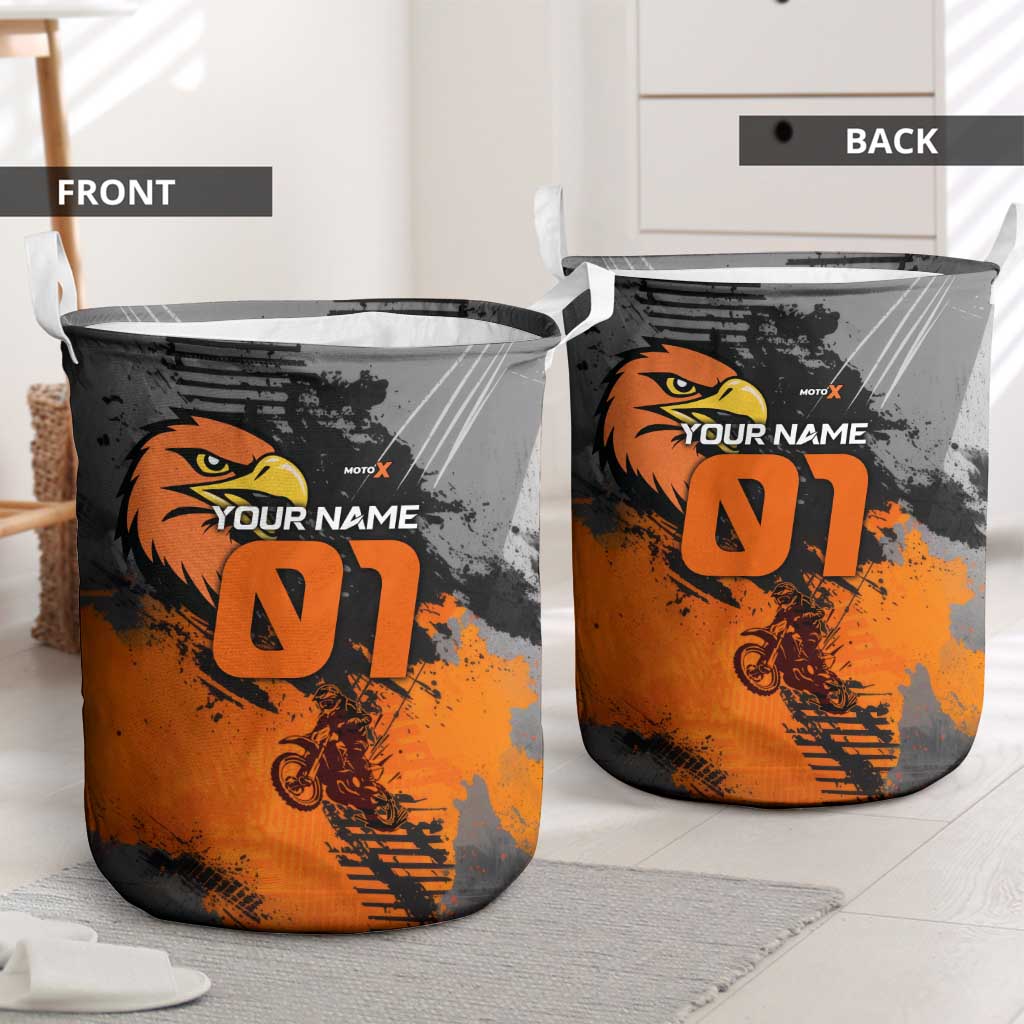 Custom MotoX Eagle Strike Motocross Laundry Basket with Rider Silhouette and Orange Grunge Design - Wonder Print Shop