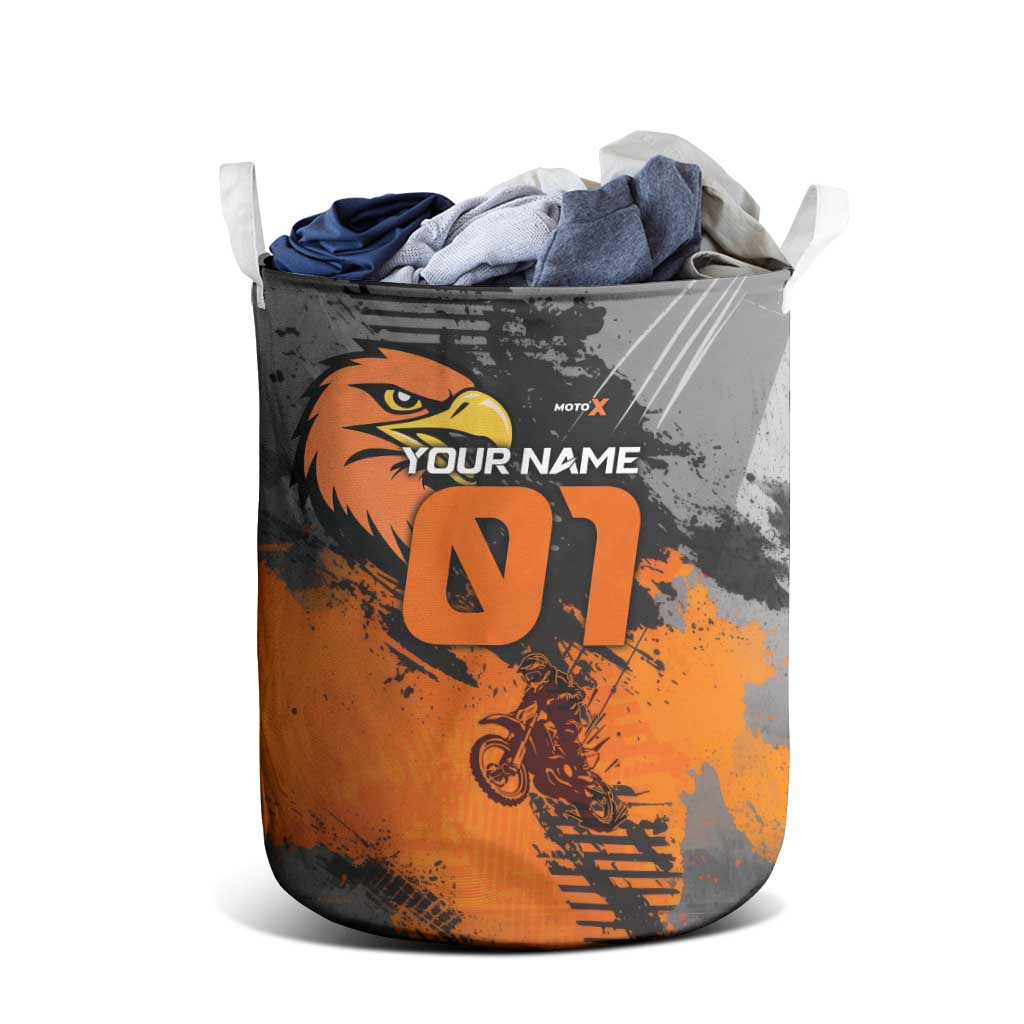 Custom MotoX Eagle Strike Motocross Laundry Basket with Rider Silhouette and Orange Grunge Design - Wonder Print Shop