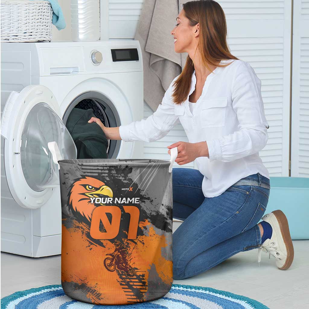 Custom MotoX Eagle Strike Motocross Laundry Basket with Rider Silhouette and Orange Grunge Design - Wonder Print Shop