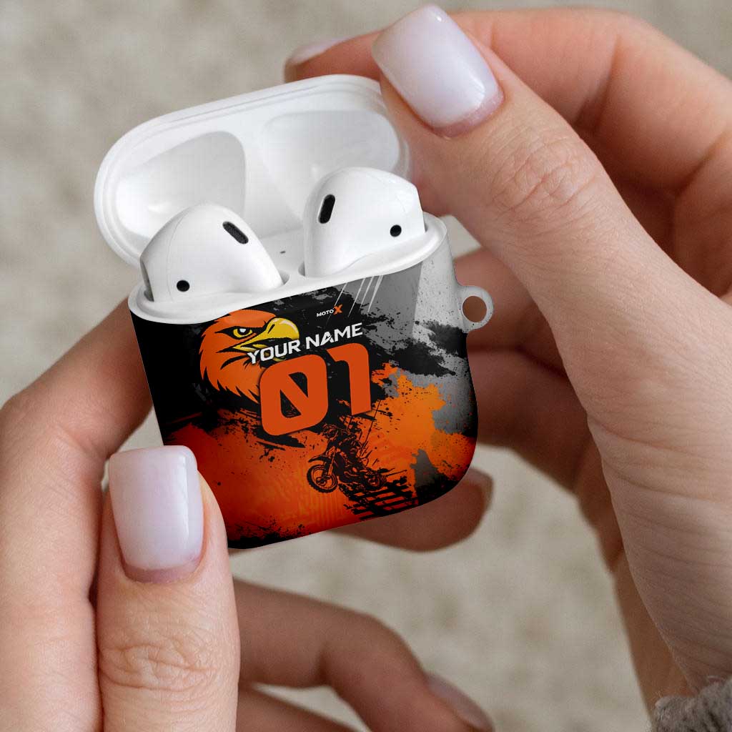 Custom MotoX Eagle Strike Motocross AirPods Case with Rider Silhouette and Orange Grunge Design - Wonder Print Shop