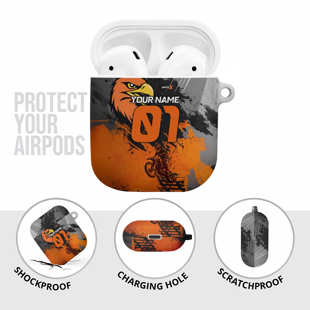 Custom MotoX Eagle Strike Motocross AirPods Case with Rider Silhouette and Orange Grunge Design - Wonder Print Shop
