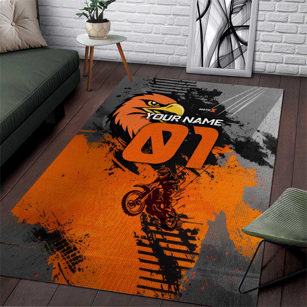 Custom MotoX Eagle Strike Motocross Area Rug with Rider Silhouette and Orange Grunge Design - Wonder Print Shop