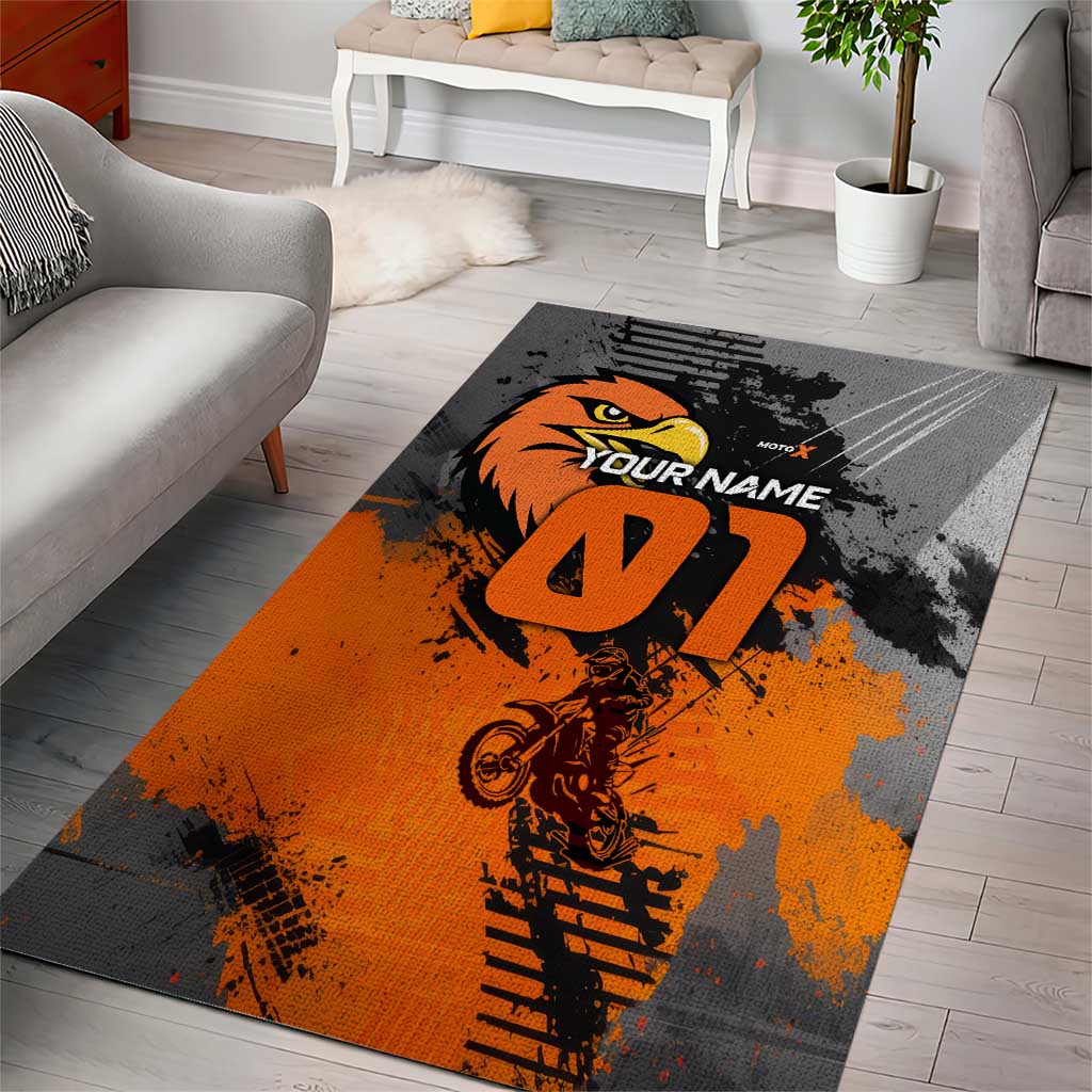 Custom MotoX Eagle Strike Motocross Area Rug with Rider Silhouette and Orange Grunge Design - Wonder Print Shop