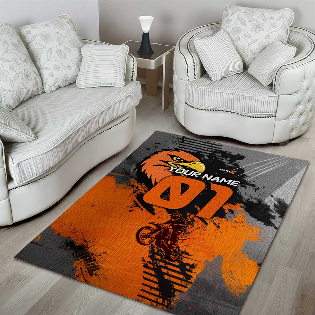 Custom MotoX Eagle Strike Motocross Area Rug with Rider Silhouette and Orange Grunge Design - Wonder Print Shop