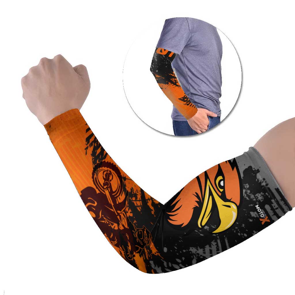 Custom MotoX Eagle Strike Motocross Arm Sleeves with Rider Silhouette and Orange Grunge Design - Wonder Print Shop