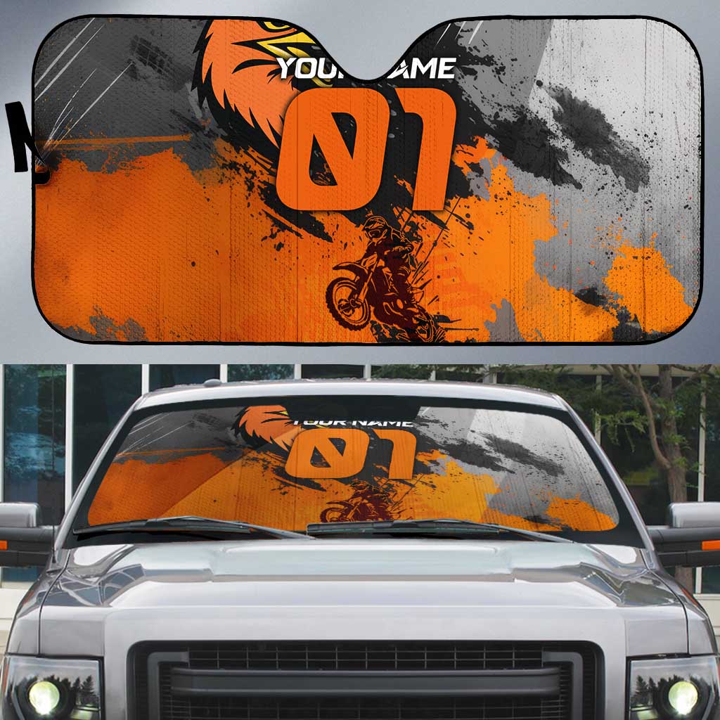 Custom MotoX Eagle Strike Motocross Auto Sun Shade with Rider Silhouette and Orange Grunge Design - Wonder Print Shop