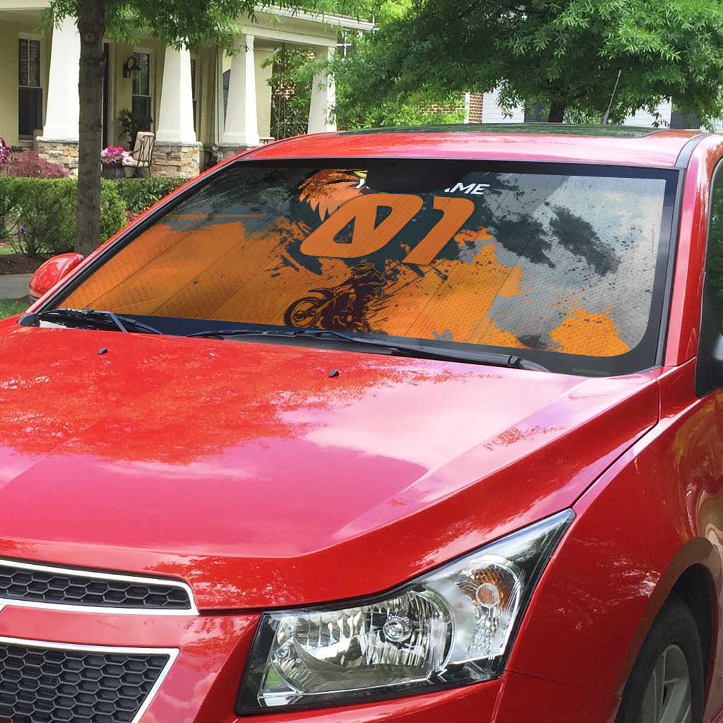 Custom MotoX Eagle Strike Motocross Auto Sun Shade with Rider Silhouette and Orange Grunge Design - Wonder Print Shop