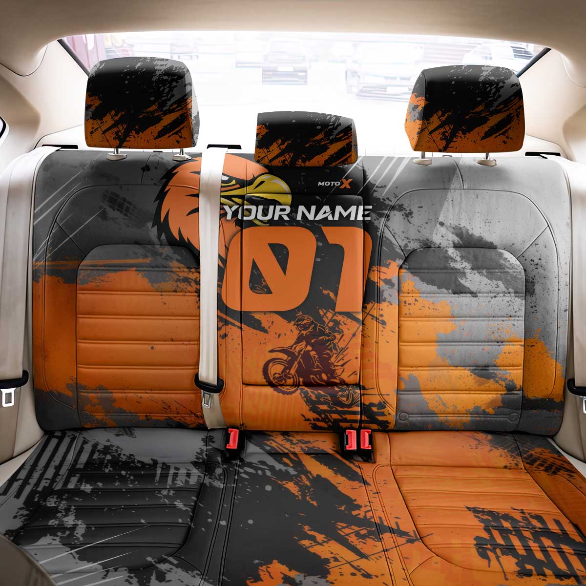 Custom MotoX Eagle Strike Motocross Back Car Seat Cover with Rider Silhouette and Orange Grunge Design - Wonder Print Shop