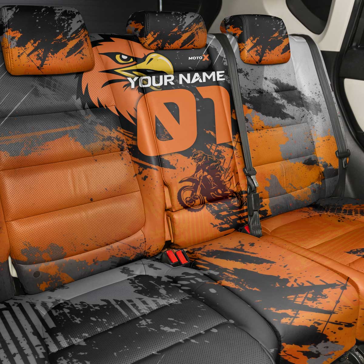 Custom MotoX Eagle Strike Motocross Back Car Seat Cover with Rider Silhouette and Orange Grunge Design - Wonder Print Shop
