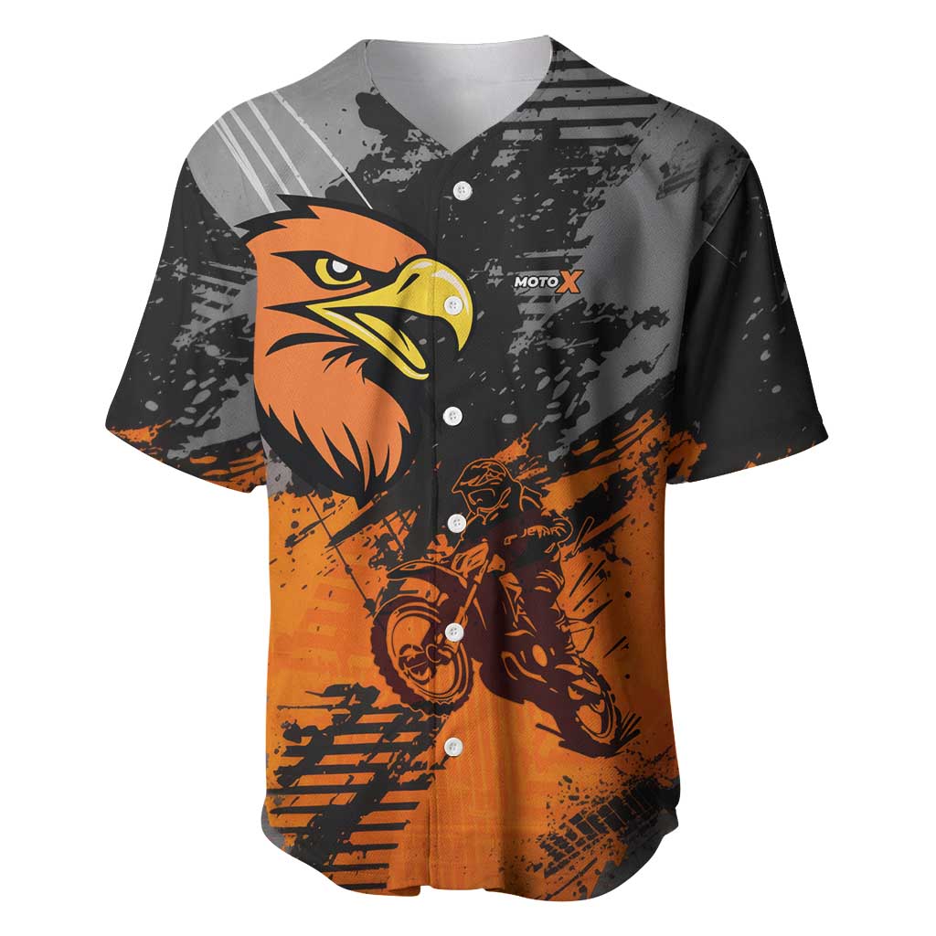 Custom MotoX Eagle Strike Motocross Baseball Jersey with Rider Silhouette and Orange Grunge Design - Wonder Print Shop