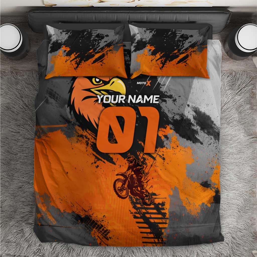 Custom MotoX Eagle Strike Motocross Bedding Set with Rider Silhouette and Orange Grunge Design - Wonder Print Shop