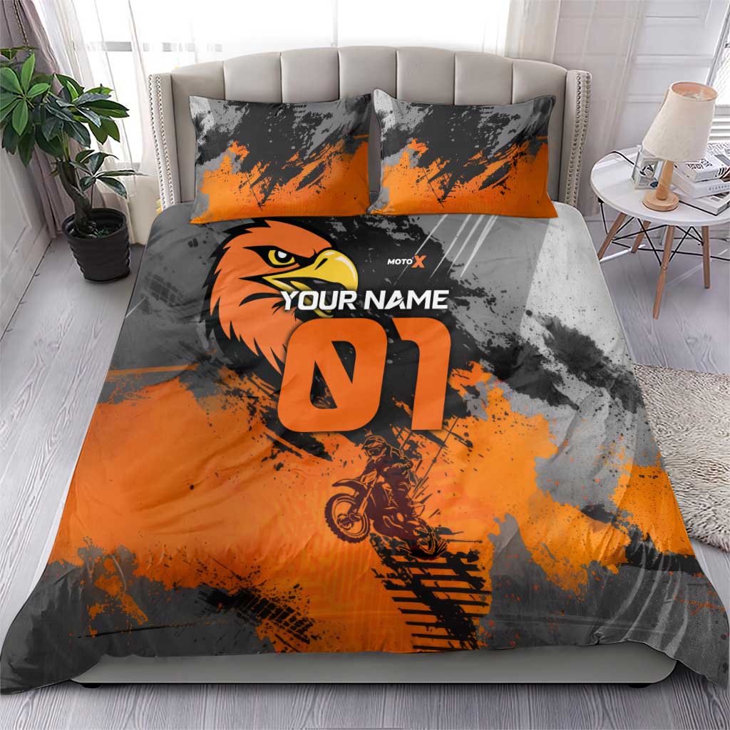 Custom MotoX Eagle Strike Motocross Bedding Set with Rider Silhouette and Orange Grunge Design - Wonder Print Shop