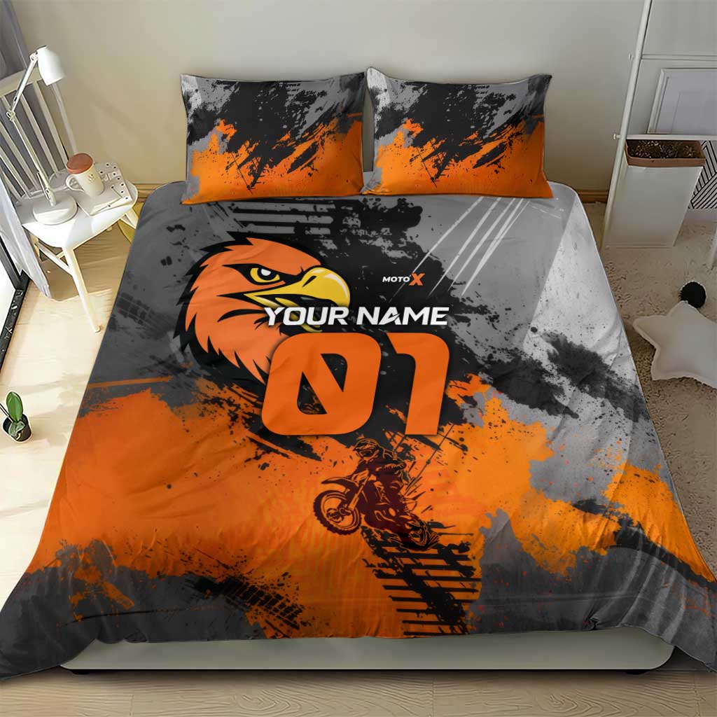 Custom MotoX Eagle Strike Motocross Bedding Set with Rider Silhouette and Orange Grunge Design - Wonder Print Shop