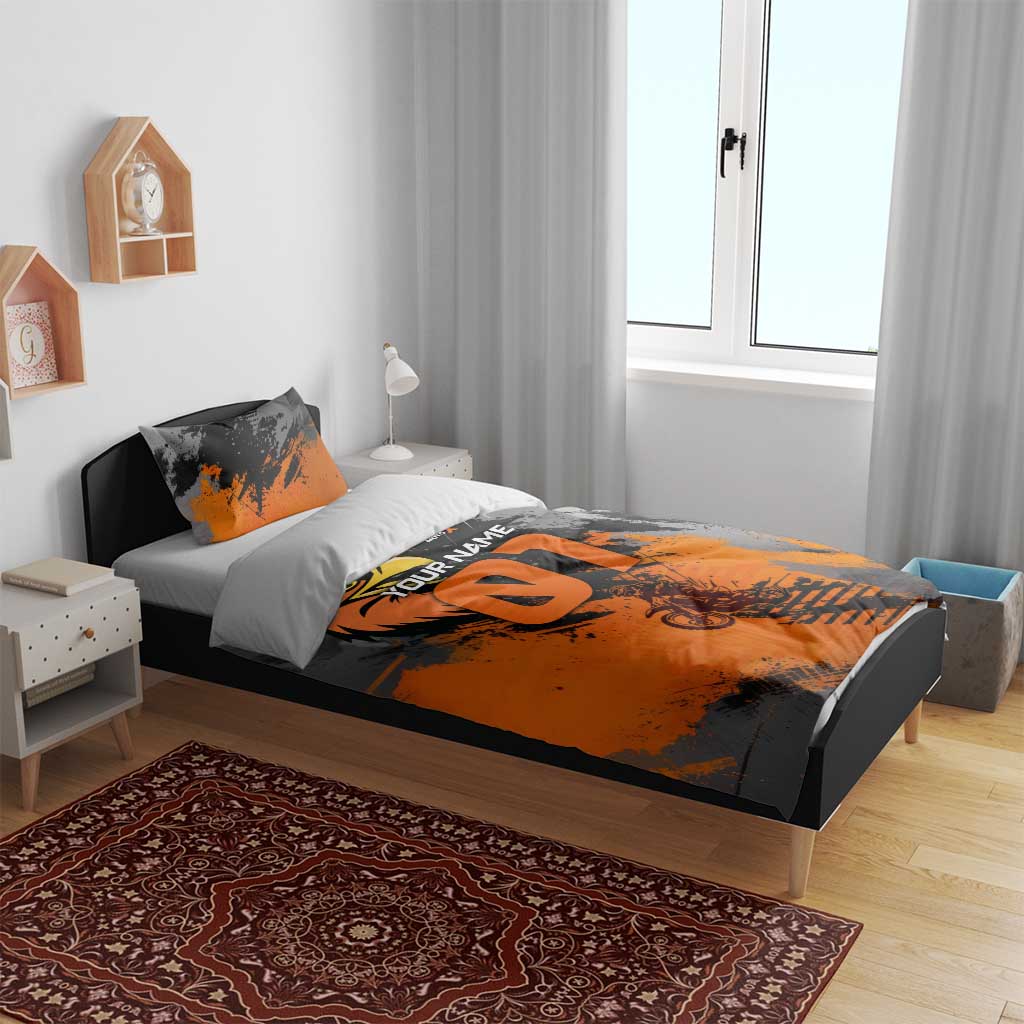 Custom MotoX Eagle Strike Motocross Bedding Set with Rider Silhouette and Orange Grunge Design - Wonder Print Shop