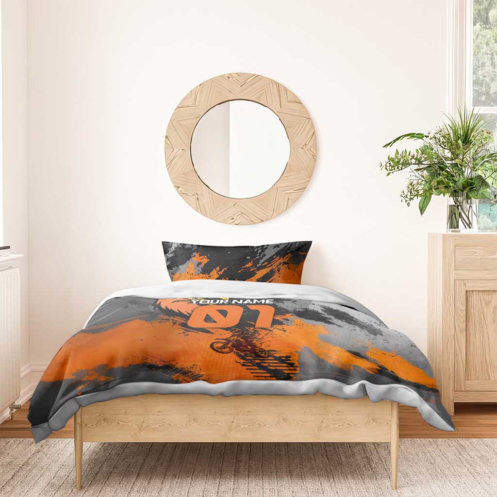 Custom MotoX Eagle Strike Motocross Bedding Set with Rider Silhouette and Orange Grunge Design - Wonder Print Shop