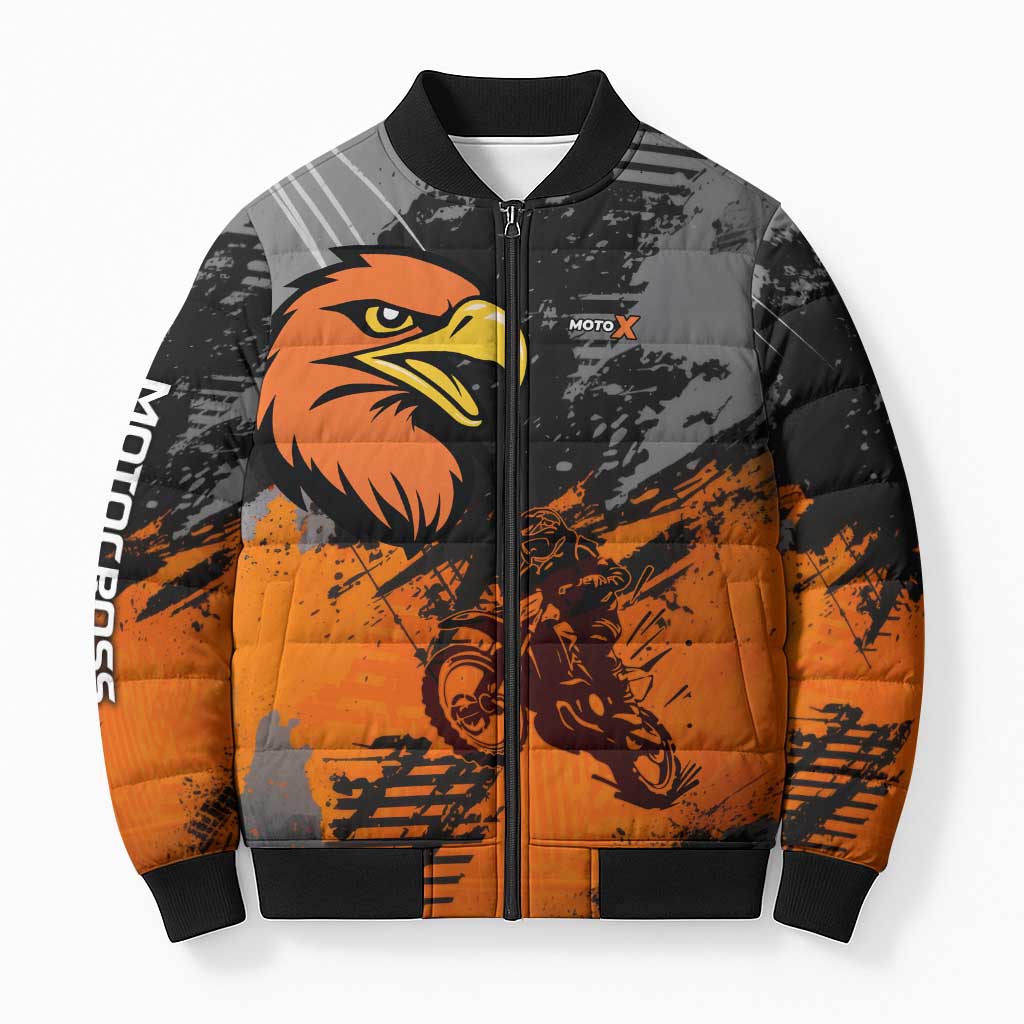 Custom MotoX Eagle Strike Motocross Bomber Puffer Jacket with Rider Silhouette and Orange Grunge Design - Wonder Print Shop