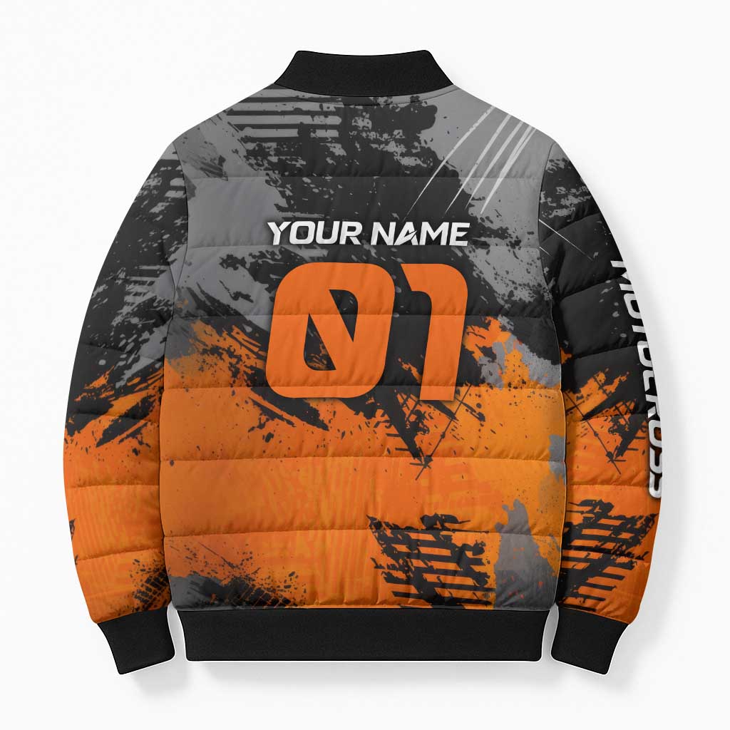 Custom MotoX Eagle Strike Motocross Bomber Puffer Jacket with Rider Silhouette and Orange Grunge Design - Wonder Print Shop