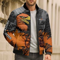 Custom MotoX Eagle Strike Motocross Bomber Puffer Jacket with Rider Silhouette and Orange Grunge Design - Wonder Print Shop
