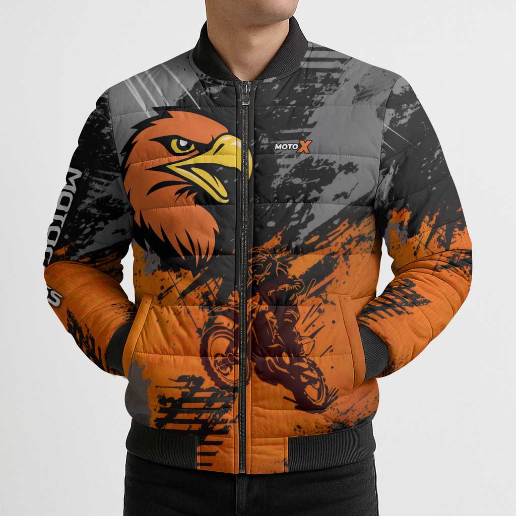 Custom MotoX Eagle Strike Motocross Bomber Puffer Jacket with Rider Silhouette and Orange Grunge Design - Wonder Print Shop