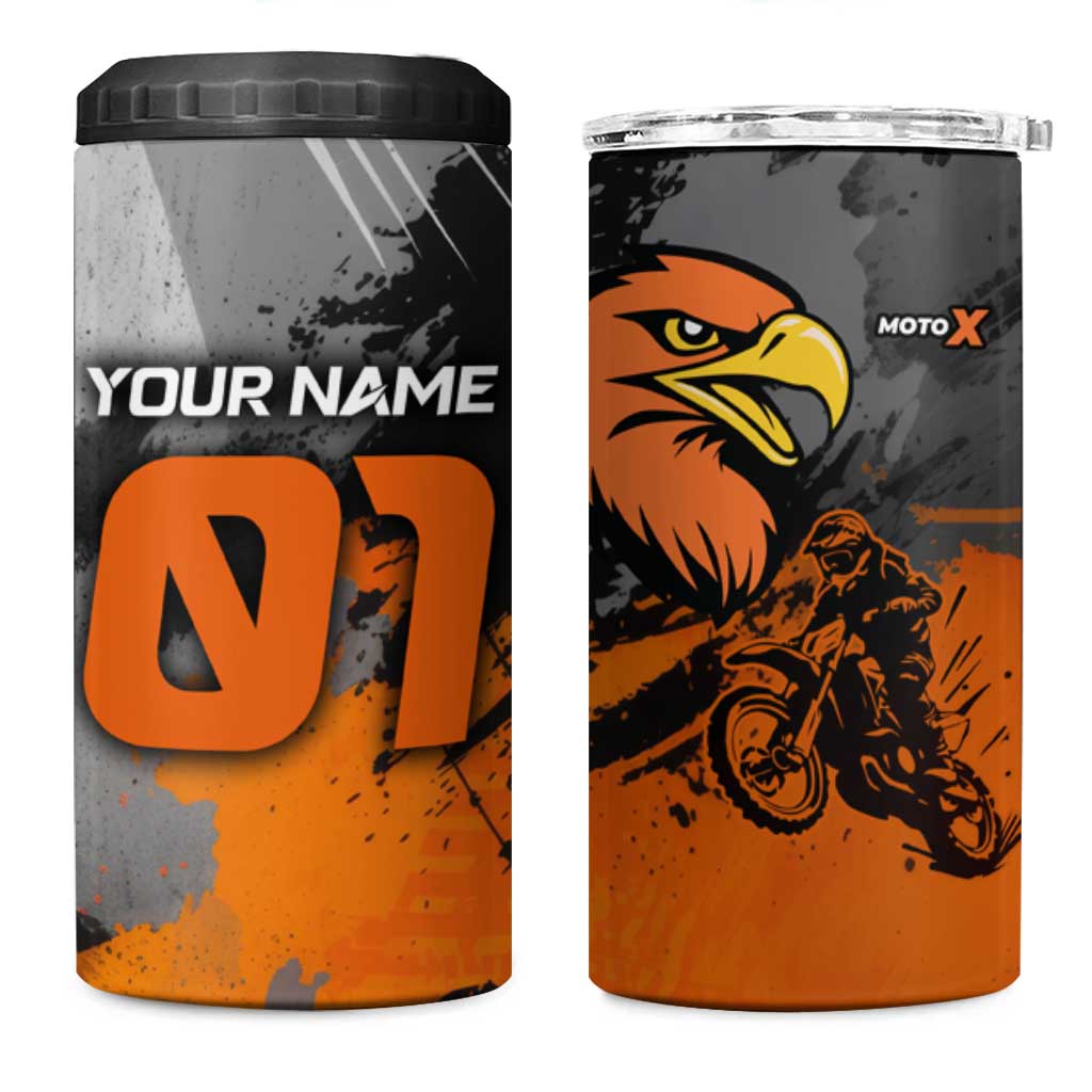 Custom MotoX Eagle Strike Motocross 4 in 1 Can Cooler Tumbler with Rider Silhouette and Orange Grunge Design - Wonder Print Shop