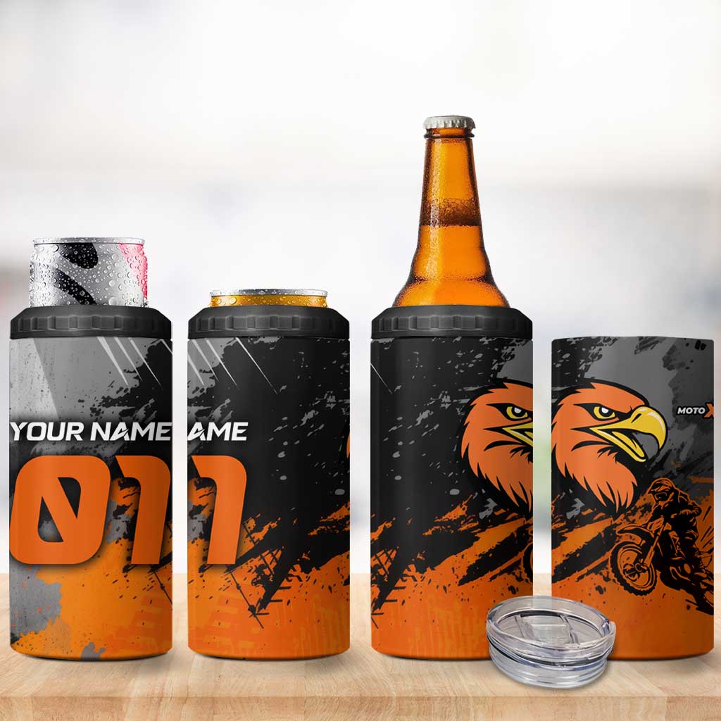 Custom MotoX Eagle Strike Motocross 4 in 1 Can Cooler Tumbler with Rider Silhouette and Orange Grunge Design - Wonder Print Shop