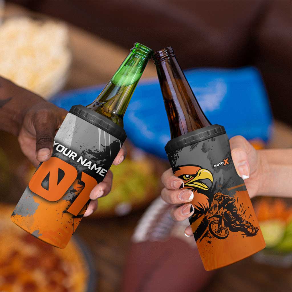 Custom MotoX Eagle Strike Motocross 4 in 1 Can Cooler Tumbler with Rider Silhouette and Orange Grunge Design - Wonder Print Shop