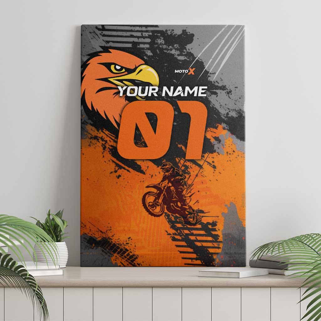 Custom MotoX Eagle Strike Motocross Canvas Wall Art with Rider Silhouette and Orange Grunge Design - Wonder Print Shop