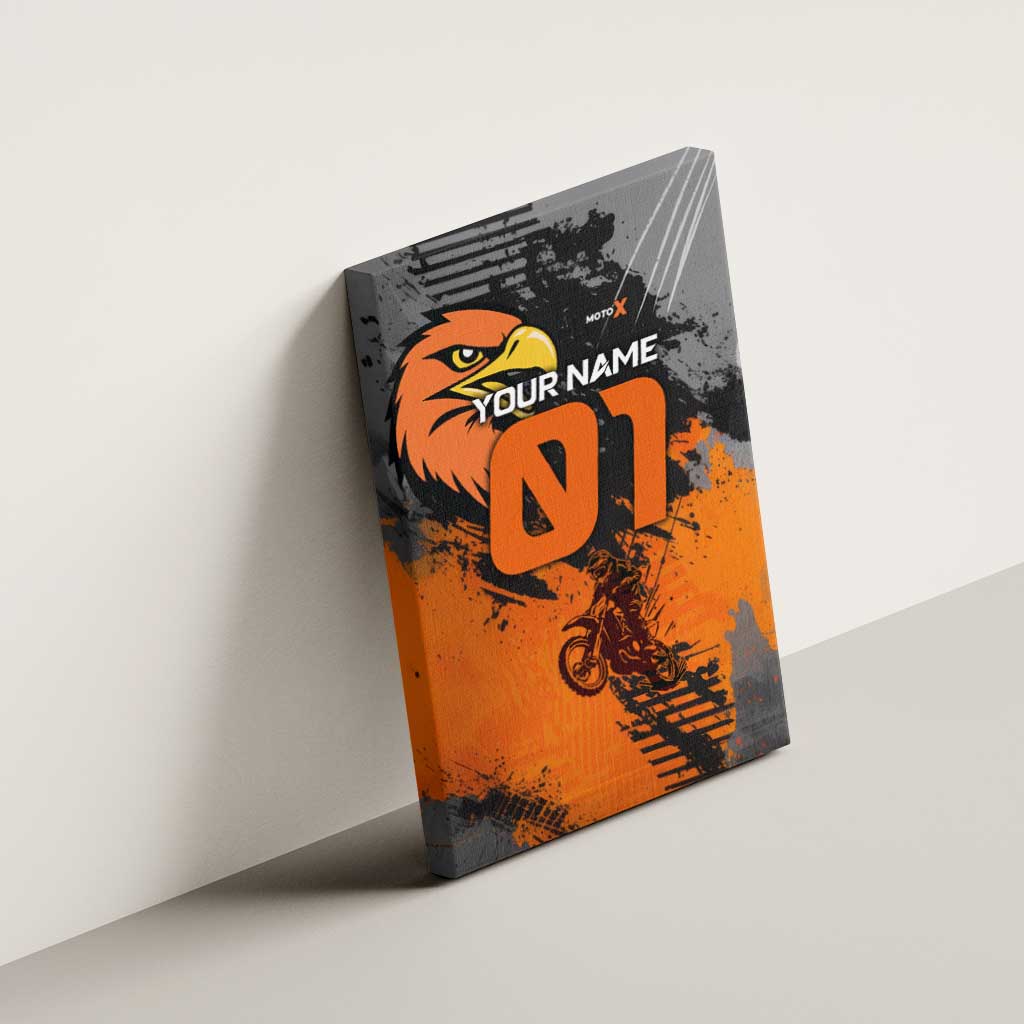 Custom MotoX Eagle Strike Motocross Canvas Wall Art with Rider Silhouette and Orange Grunge Design - Wonder Print Shop