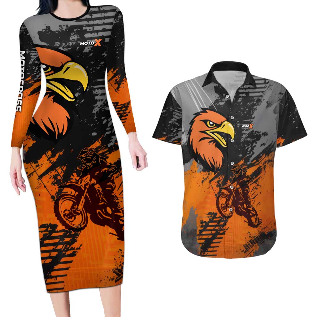 Custom MotoX Eagle Strike Motocross Couples Matching Long Sleeve Bodycon Dress and Hawaiian Shirt with Rider Silhouette and Orange Grunge Design - Wonder Print Shop
