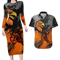 Custom MotoX Eagle Strike Motocross Couples Matching Long Sleeve Bodycon Dress and Hawaiian Shirt with Rider Silhouette and Orange Grunge Design - Wonder Print Shop