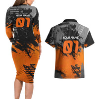 Custom MotoX Eagle Strike Motocross Couples Matching Long Sleeve Bodycon Dress and Hawaiian Shirt with Rider Silhouette and Orange Grunge Design - Wonder Print Shop