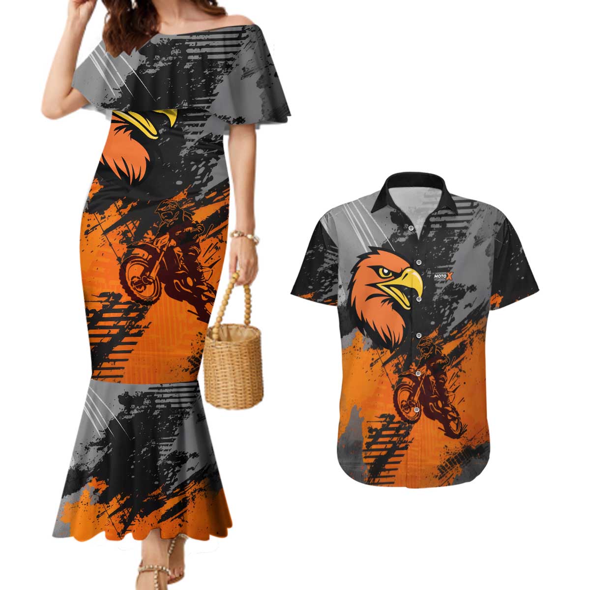 Custom MotoX Eagle Strike Motocross Couples Matching Mermaid Dress and Hawaiian Shirt with Rider Silhouette and Orange Grunge Design - Wonder Print Shop