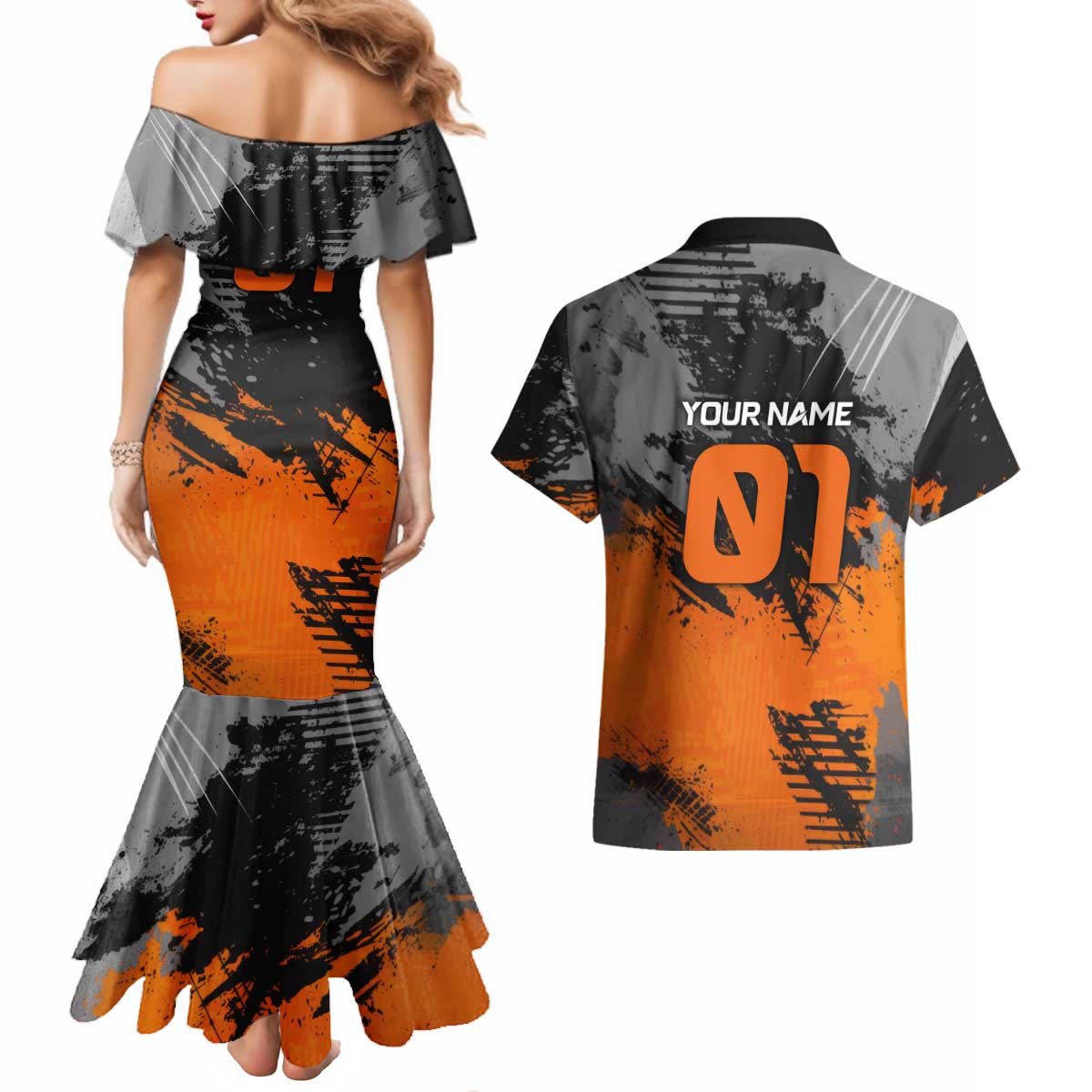 Custom MotoX Eagle Strike Motocross Couples Matching Mermaid Dress and Hawaiian Shirt with Rider Silhouette and Orange Grunge Design - Wonder Print Shop